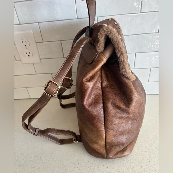 Luxury Urban Expressions Brown Vegan Leather Maddison Backpack Fur Womens Purse - Picture 4 of 9